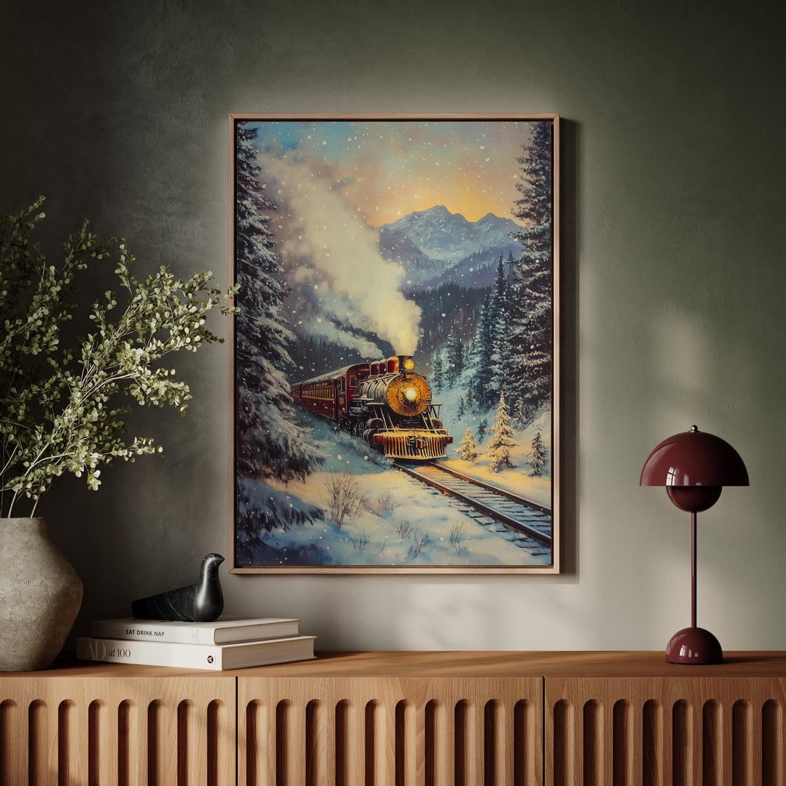 Snowy Winter Train Art - Vintage Steam Engine Wall Art For Rustic Home ...