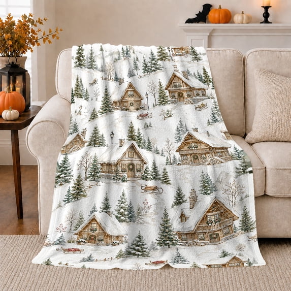 Snowy Winter Village Cabins, Festive Holiday Scene, Warm Flannel Blanket for Cabin and Lodge with Detailed Artwork, Art Lovers Housewarming Gift, Festive Home Decor