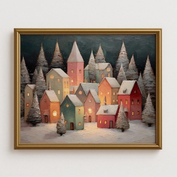 Snowy Winter Village Wall Art, Pastel Winter Town With Cozy Houses And Trees, Festive Able Decor Home Decor #845, Unframed Canvas Size 24x36