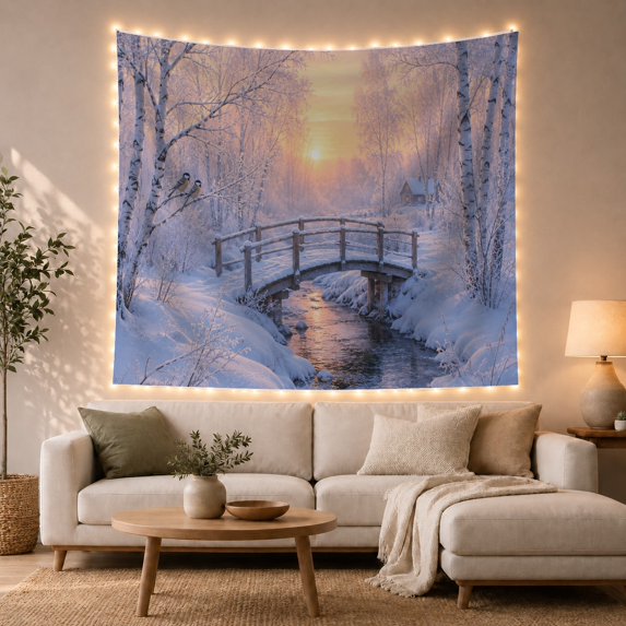 Snowy Wooden Bridge Over Stream in Winter Forest, Serene Rustic for Nature Lovers, Snowy Landscape Wall Art, Christmas Gift Tapestry Wall Hanging for Bedroom and Living Room