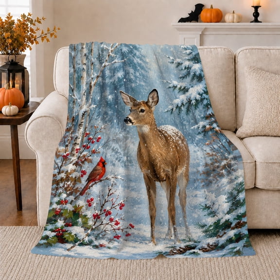 Snowy Woodland Deer with Cardinal and Berries, Peaceful Watercolor Style for Nature Lovers, Winter Forest Scene and Christmas Gift, Cozy Flannel Blanket for Bedroom and Living Room, Home Decor
