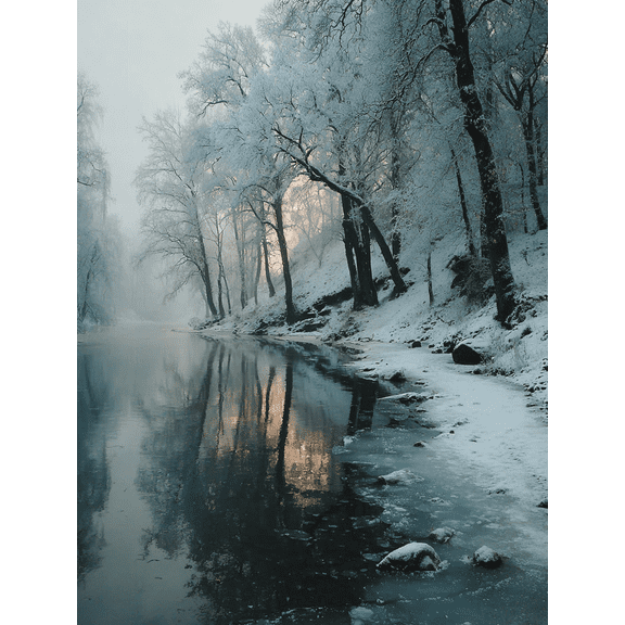 Snowy Woodland Forest Canvas Art, Frozen Lake Winter Landscape Print, Winter Wonderland Wall Decor