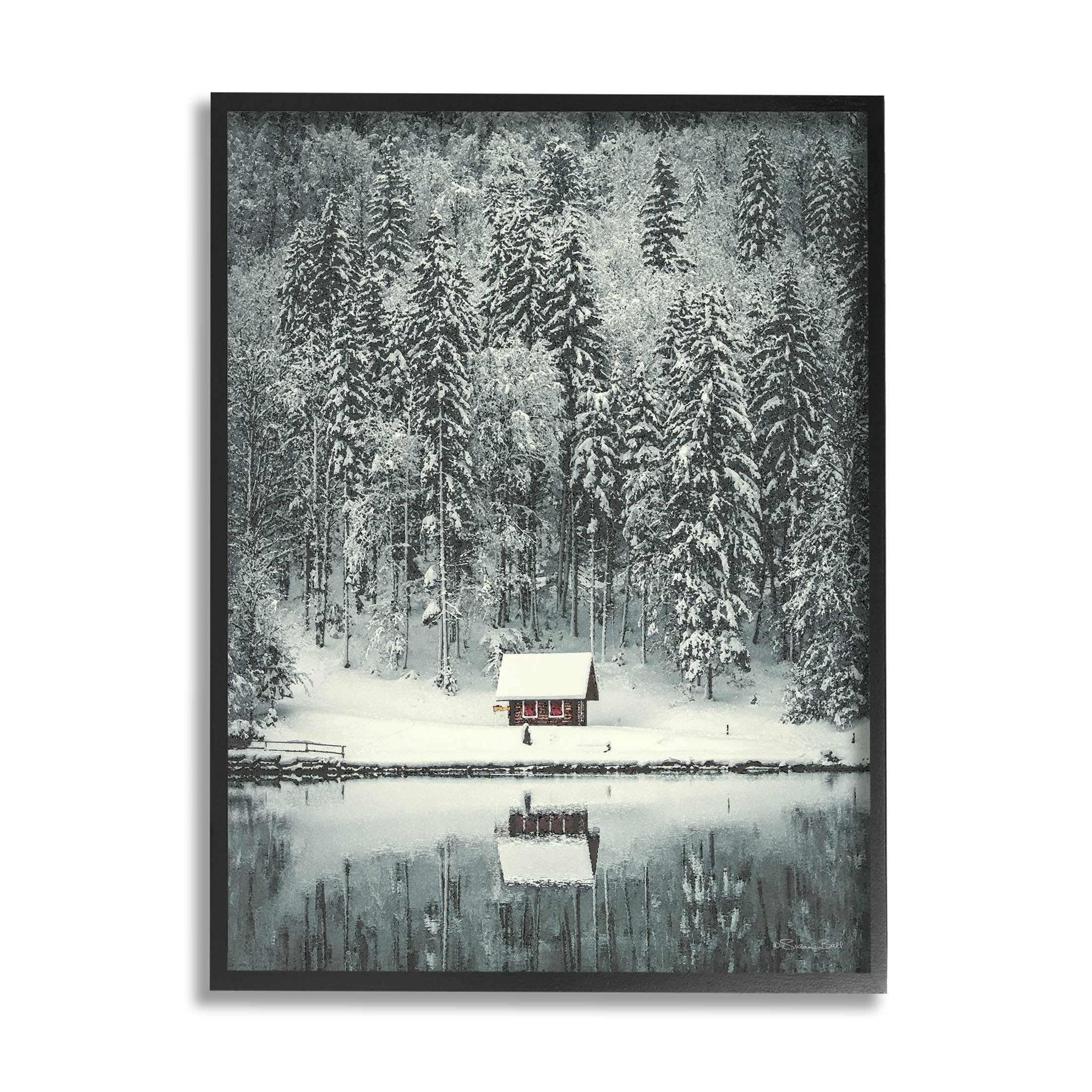 Snowy Woodland Hut Reflection Landscape Painting Black Framed Art Print Wall Art