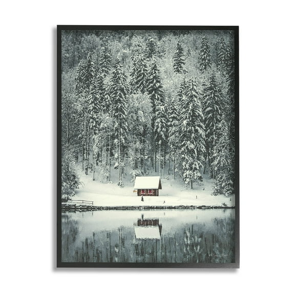 Snowy Woodland Hut Reflection Landscape Painting Black Framed Art Print Wall Art