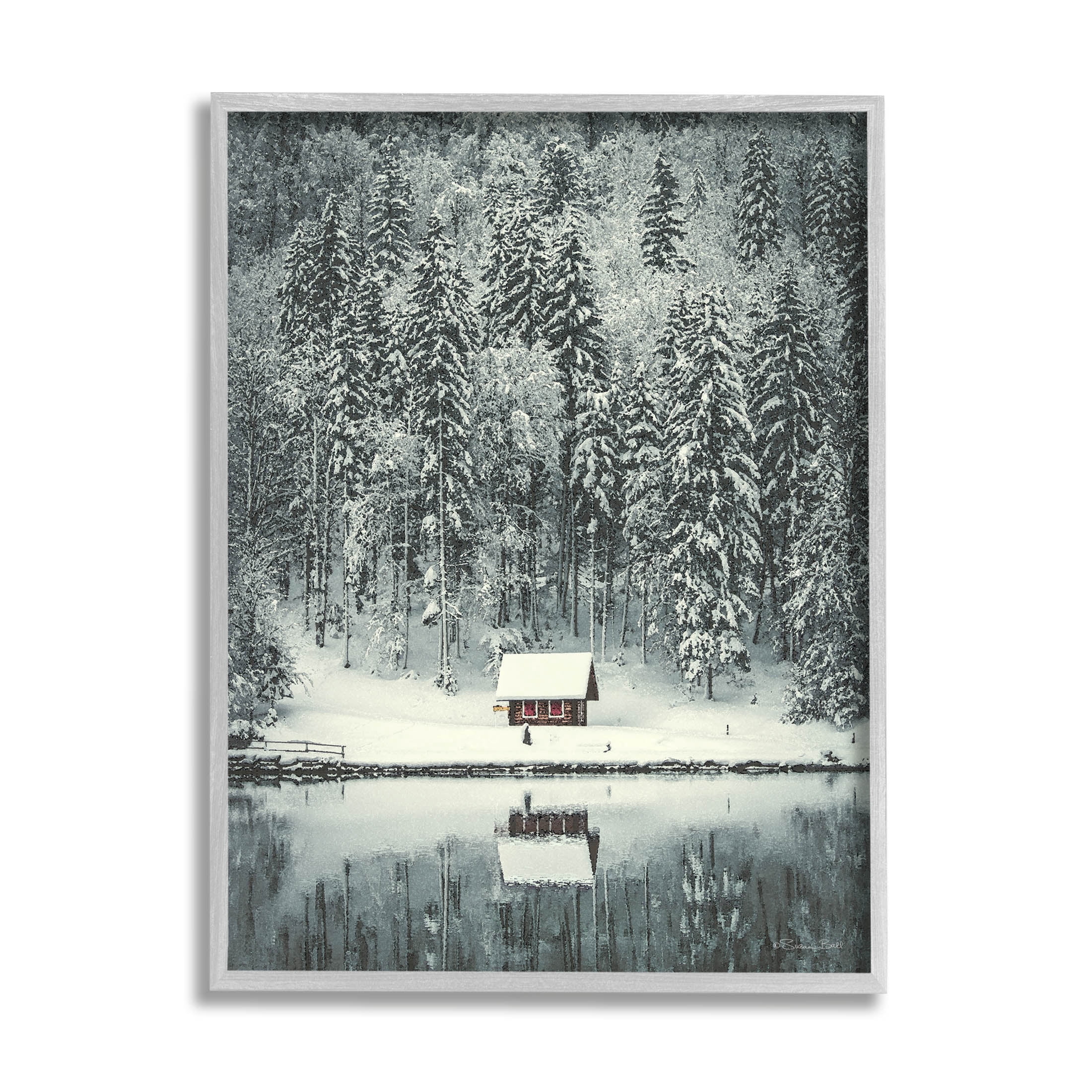 Snowy Woodland Hut Reflection Landscape Painting Gray Framed Art Print Wall Art