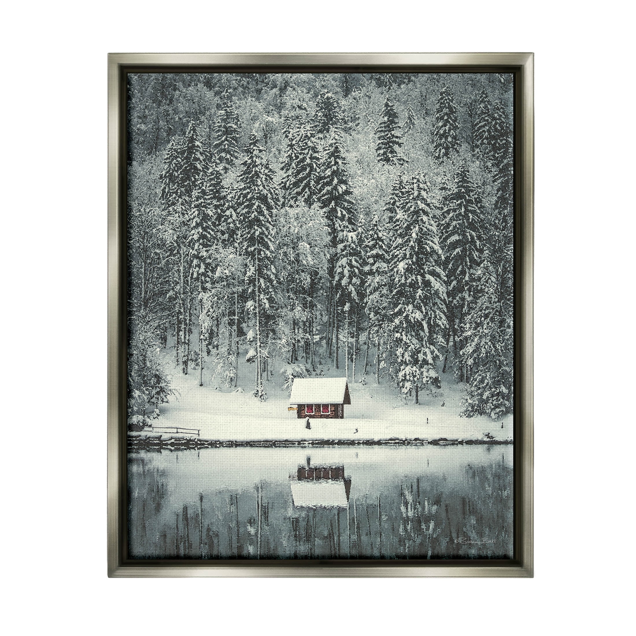 Snowy Woodland Hut Reflection Landscape Painting Luster Gray Framed Art Print Wall Art