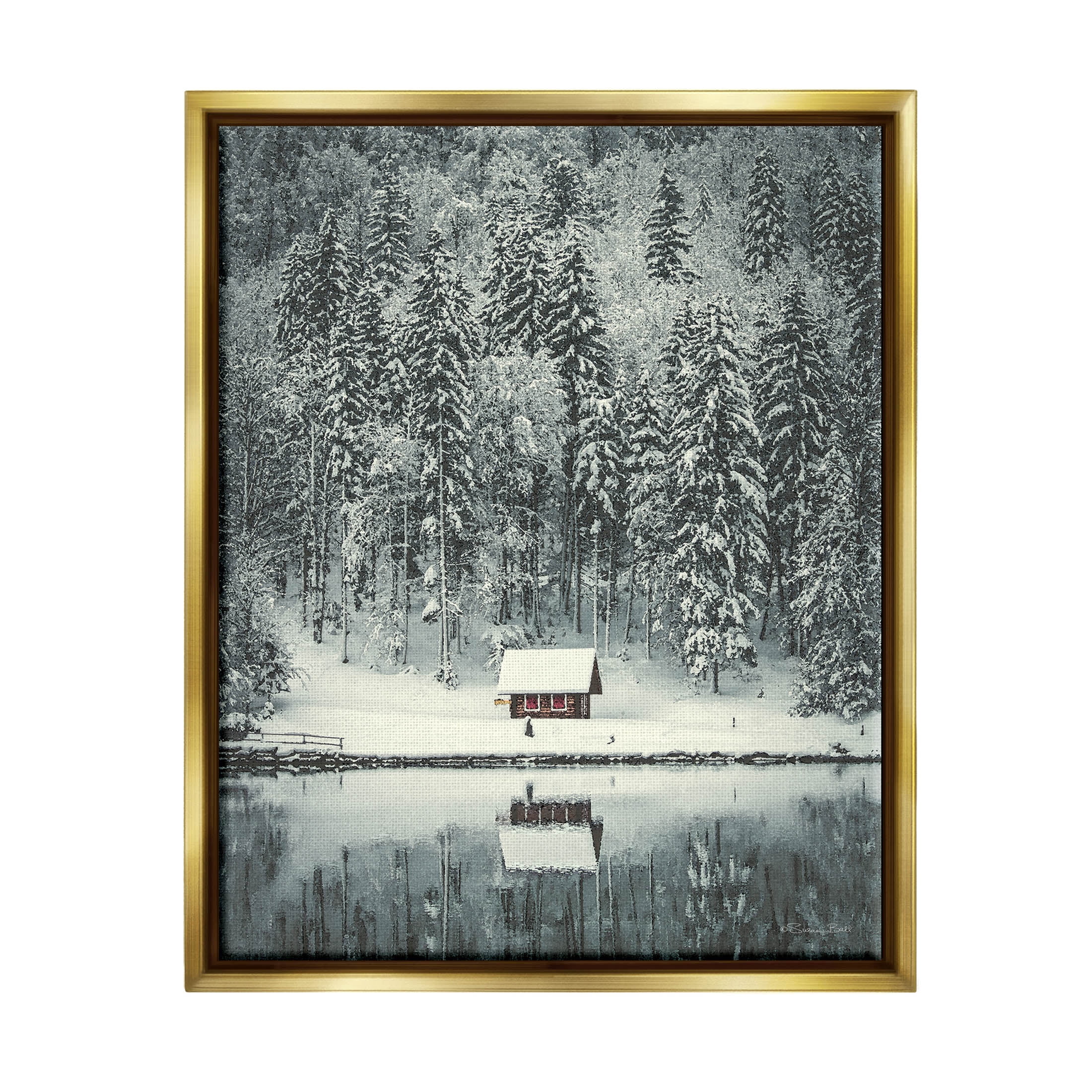 Snowy Woodland Hut Reflection Landscape Painting Metallic Gold Framed Art Print Wall Art
