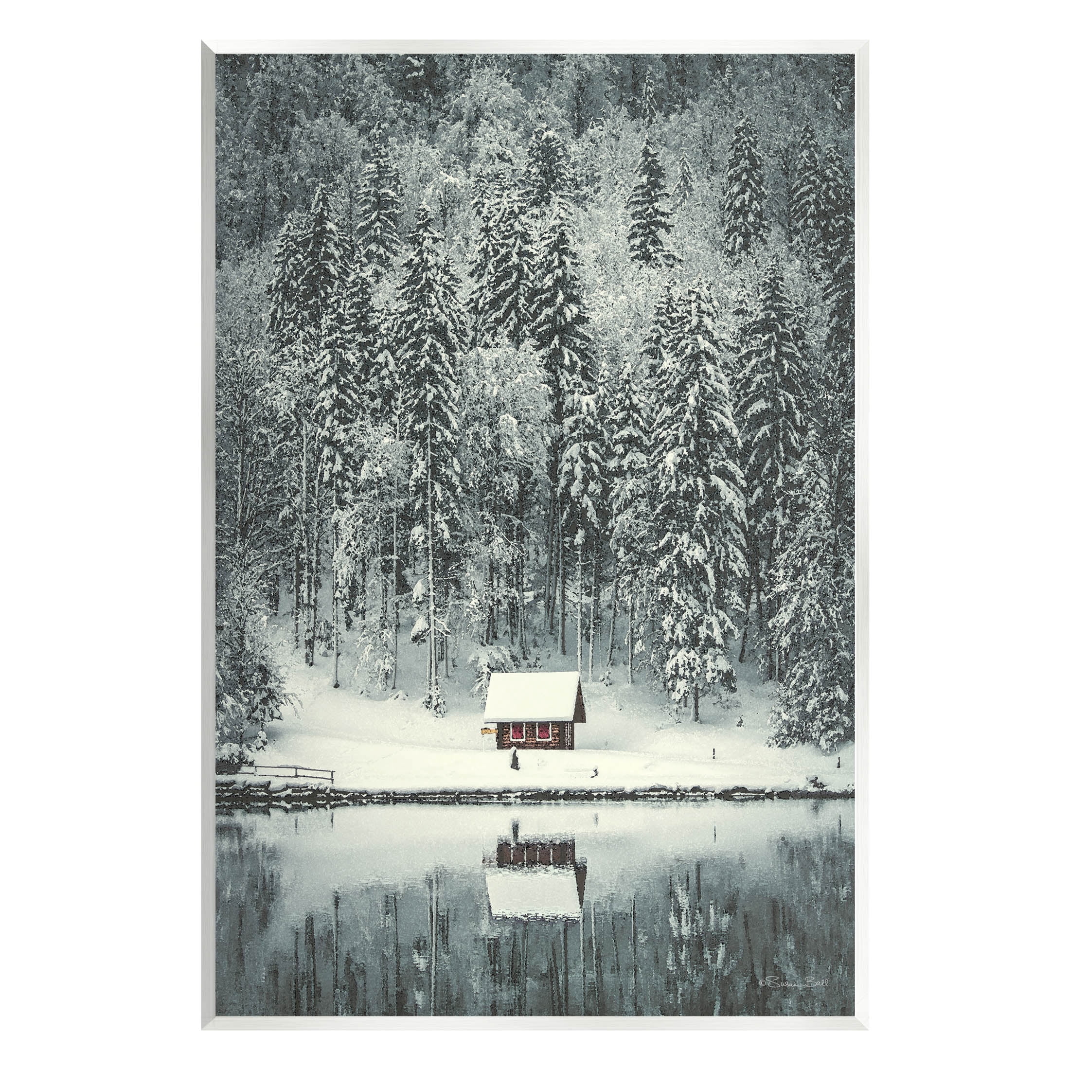 Snowy Woodland Hut Reflection Landscape Painting Unframed Art Print Wall Art