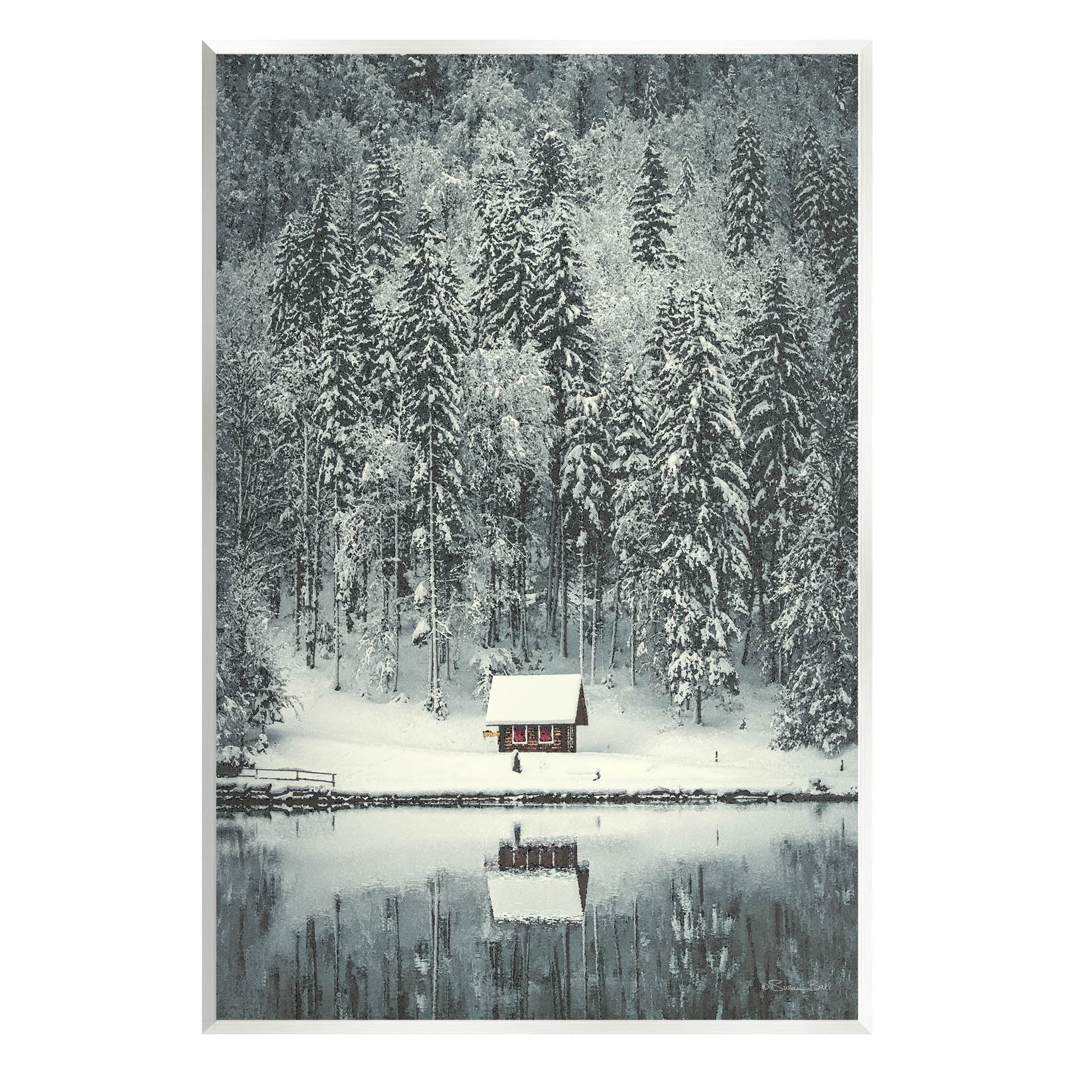 Snowy Woodland Hut Reflection Landscape Painting Unframed Art Print Wall Art