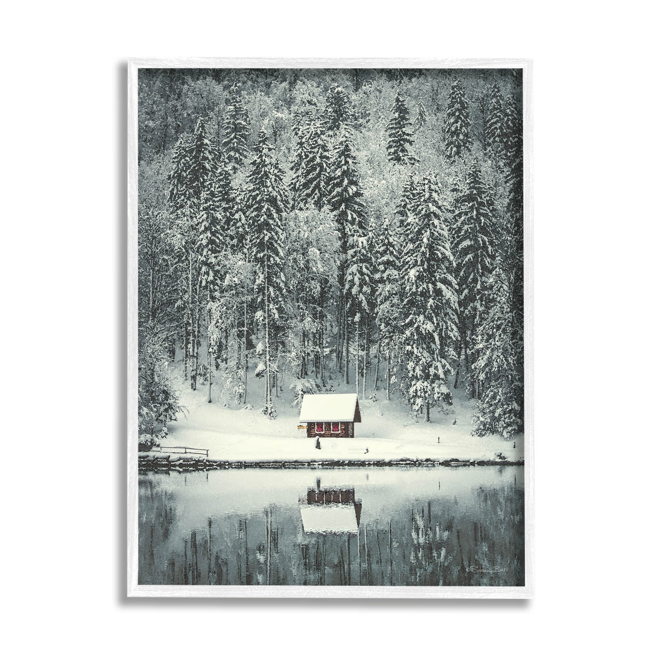 Snowy Woodland Hut Reflection Landscape Painting White Framed Art Print Wall Art