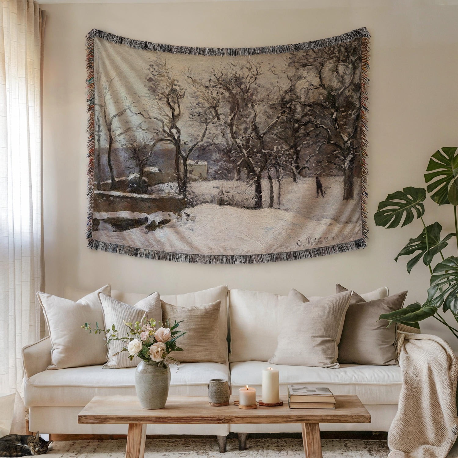 Snowy Woodland Landscape in White, Gray and Brown Woven Blanket, 100% ...