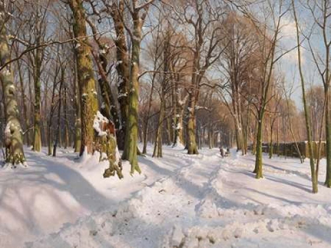 Snowy forest road in sunlight Canvas Art - Peder Monsted (22 x 28)