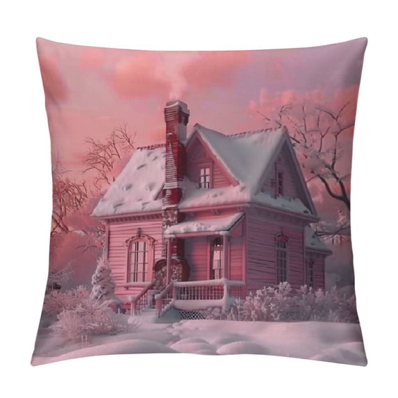 Snowy house Graphic Decorative Men Women Boy Girl Room Cushion Throw Pillow Cover for Home Couch Living Room Bed Sofa Square 冬季 printed on both sides 1PC