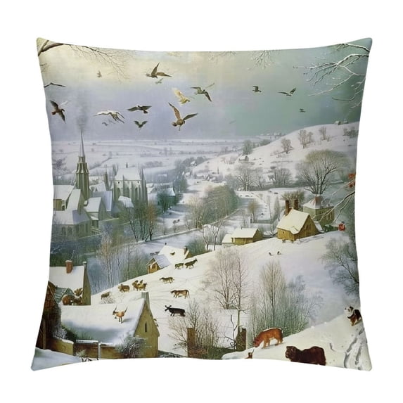 Snowy landscape, village, animals Graphic Decorative Men Women Boy Girl Room Cushion Throw Pillow Cover for Home Couch Living Room Bed Sofa soft and durable 冬季 Square 1PC