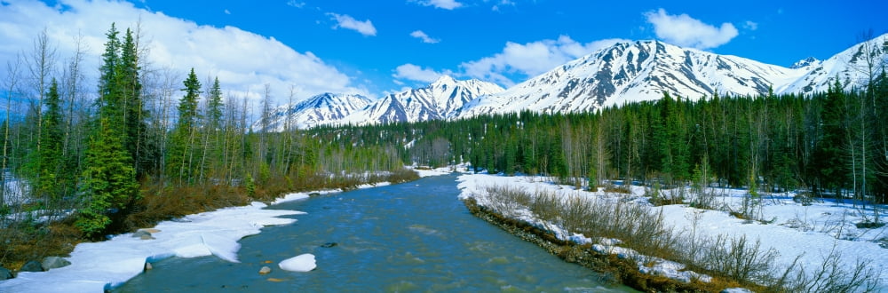 Snowy mountains and Chulitna River Route 3 near Broad Pass Alaska Canvas Art - Panoramic Images (36 x 12)
