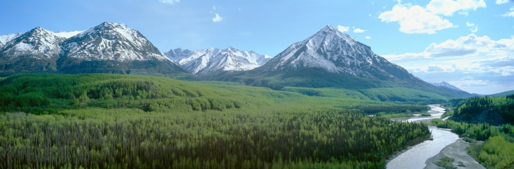 Snowy mountains green forests and river in Matanuska Valley Alaska Canvas Art - Panoramic Images (27 x 9)