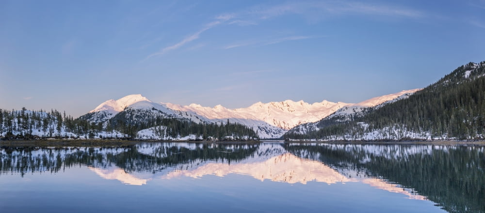 Snowy scenic reflected in the waters of Harrison Lagoon at sunrise Port Wells Prince William Sound Chugach National Forest Southcentral Alaska USA Canvas Art - Kevin Smith Design Pics (32 x 14)