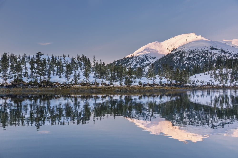 Snowy scenic reflected in the waters of Harrison Lagoon at sunrise Port Wells Prince William Sound Chugach National Forest Southcentral Alaska USA Canvas Art - Kevin Smith Design Pics (38 x 24)