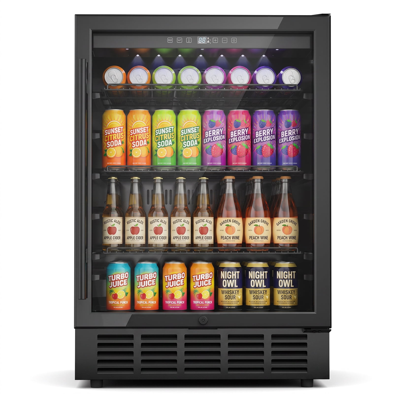 Snowyermine 190 Can Beverage Refrigerator with Glass Door,Under Counter Wine Fridge with Front Vent, Safety Lock & Wire Shelves, Black Stainless Steel for Home, Bar, Office