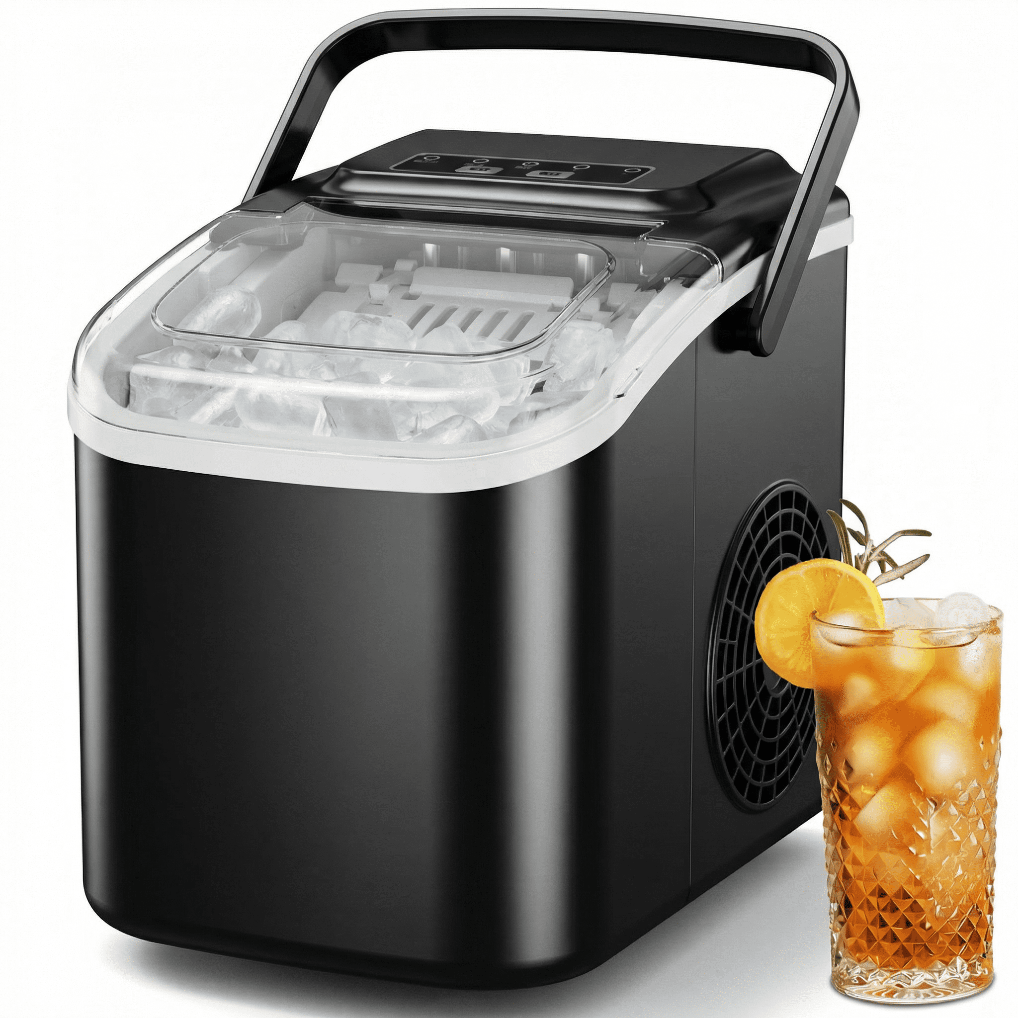 Snowyermine Countertop Ice Maker with Handle,Portable Ice Machine with Basket and Scoop, 8 Bullet Ice In 6 Mins, 26Lbs/24H, Self-Cleaning