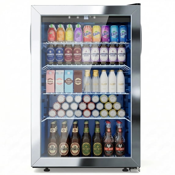Snowyermine 150 Can Beverage Refrigerator and Cooler with Glass Door for Home, 20.67 in W, 31.4 in H, Silver