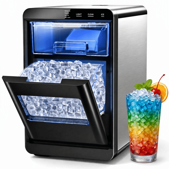 Snowyermine 44 lbs Countertop Nugget Ice Maker, Self-Cleaning Chewable Pebble Ice Machine with Touch Controls, Black Stainless Steel