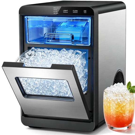 Snowyermine Nugget Ice Maker Countertop, 44 lbs per Day, Soft, Chewable Sonic-Style Pebble Ice, One-Touch Self-Cleaning, Stainless Steel, Silver, for Home, Kitchen, Office, RV and Camping