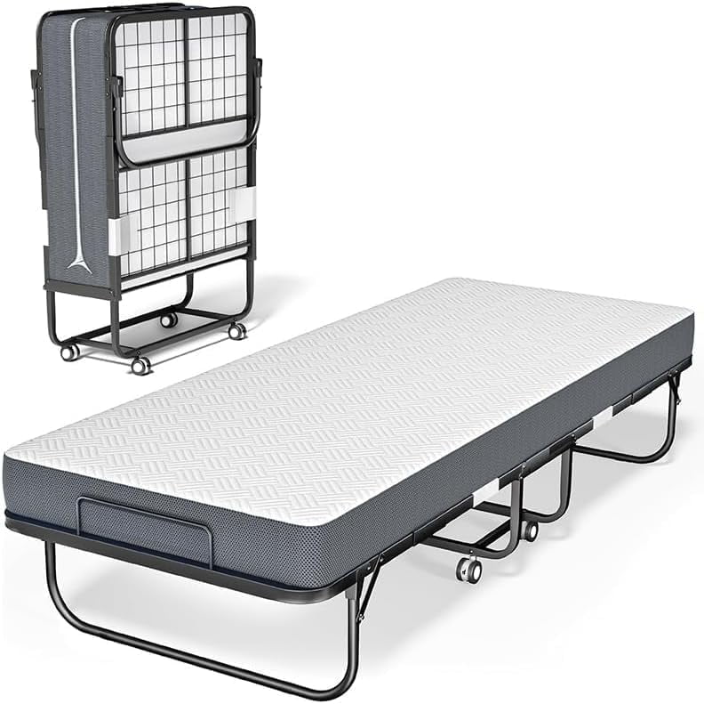 SnozeFlex Folding Bed with Mattress - 75x31 Cot Size Bed Frame- Portable Rollaway Adults Bed for Guest - Foldable Bed with 5-inch Thick Memory Foam Mattress, Space Saving Fold Up Bed for Easy Storage