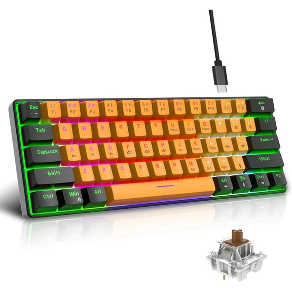 Snpurdiri 60% Wired Mechanical Keyboard, Mini Gaming Keyboard with 61 Brown Switches Keys for PC, Windows XP, Win 7, Win 10(Black-Yellow, Brown Switches)