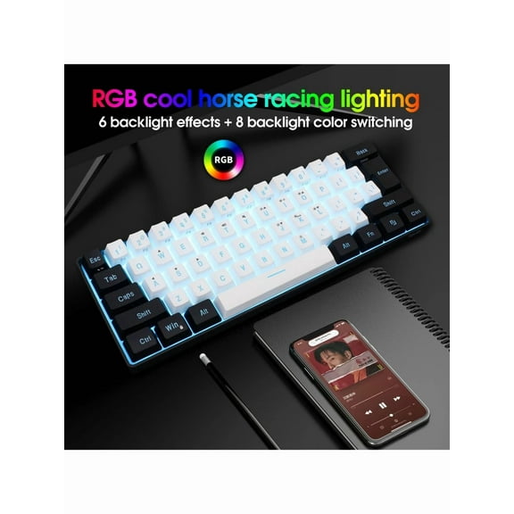 Snpurdiri 61-Key Compact Wired Keyboard - 60% RGB Backlit, ABS Construction (Black & White) - Ideal for PC Gamers, Typists, Travelers & Business Trips - Durable Wired Gaming Keyboard