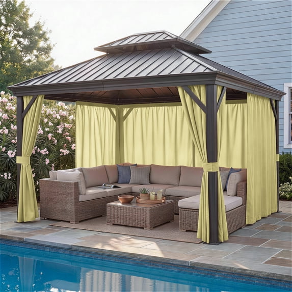 Snubbull Gazebo Curtains with Zippers for 12x16ft Gazebo, 4 Panels Waterproof Outdoor Privacy Sidewalls, Replacement Curtains for Patio Canopy with Tiebacks, Light Yellow, Only Curtain
