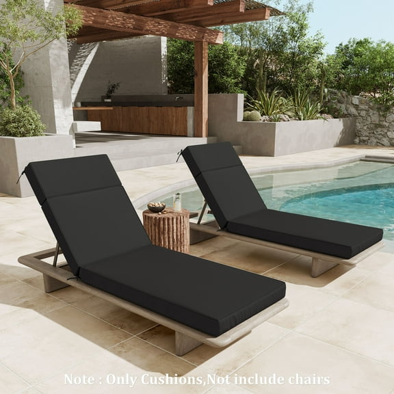 Snubbull 2 Pack Outdoor Chaise Lounge Cushions, with High-Density Foam, Ties Waterproof & Fade Resistant for Lawn and Pool Lounge Chairs, 80x26x4 inch, Black