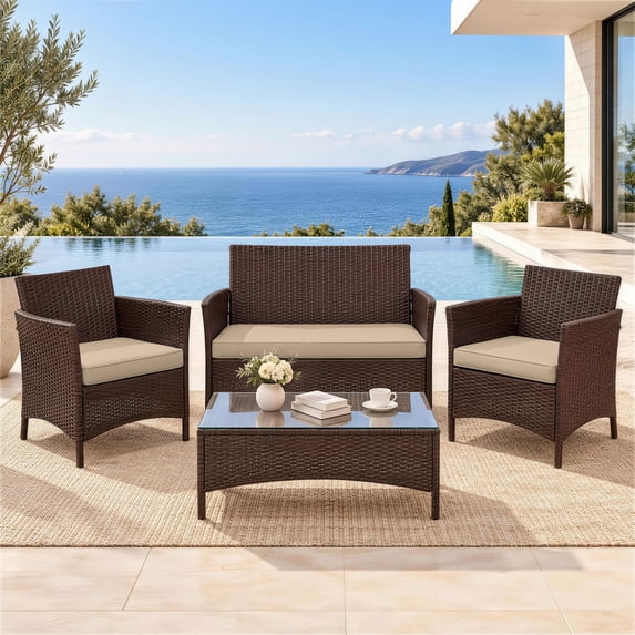 Snubbull 3 Pack Loveseat Cushion Set, 36" x 18" x 3" Waterproof Outdoor Chair Replacement Cushions for 4-Seater Wicker Rattan Patio Furniture, Sand