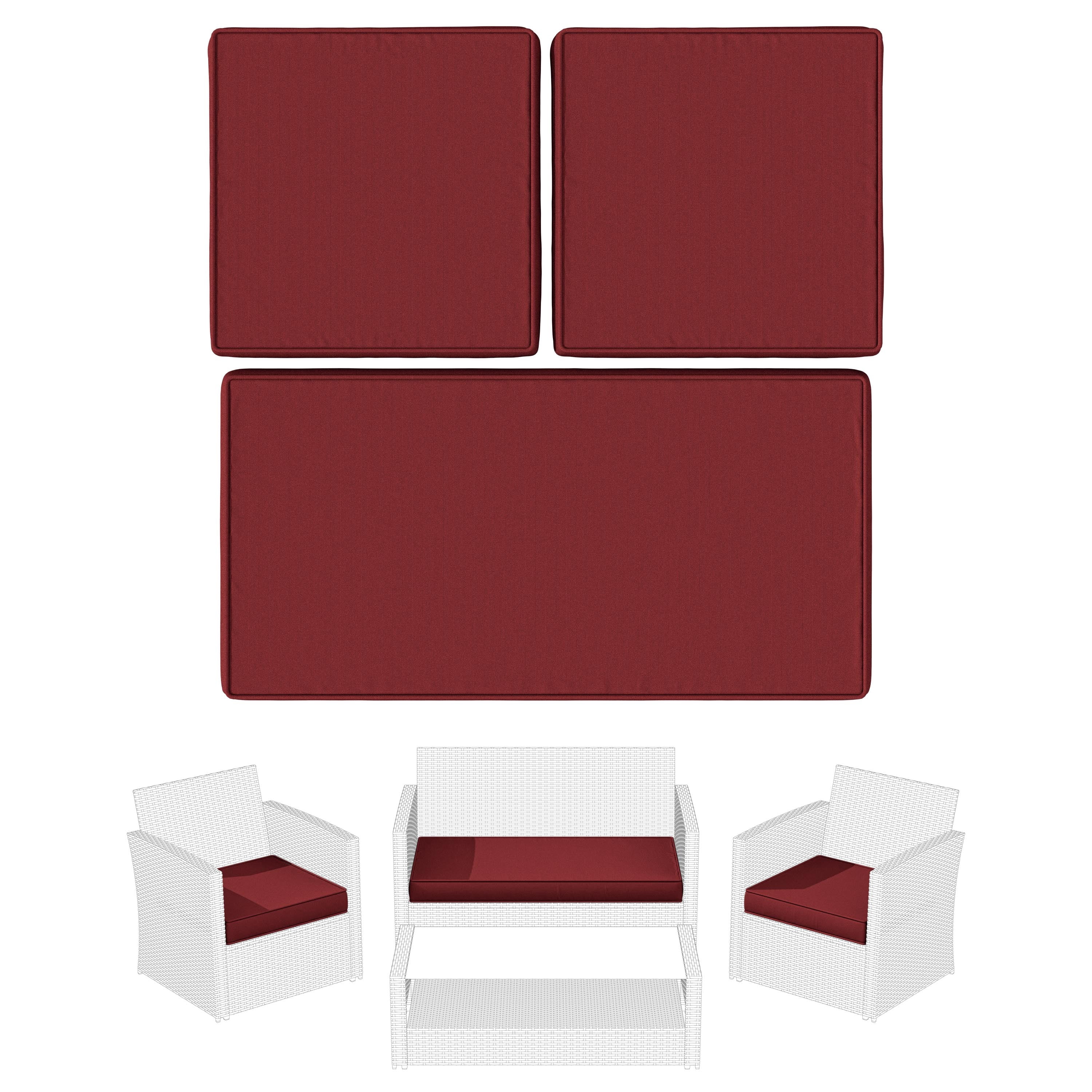 Snubbull 3 Pack Outdoor Replacement Cushions for 4-Seater Wicker Rattan Loveseat Sofa Chair Patio Furniture, 36 x 18 x 3,18 x 18 x 3, Burgundy