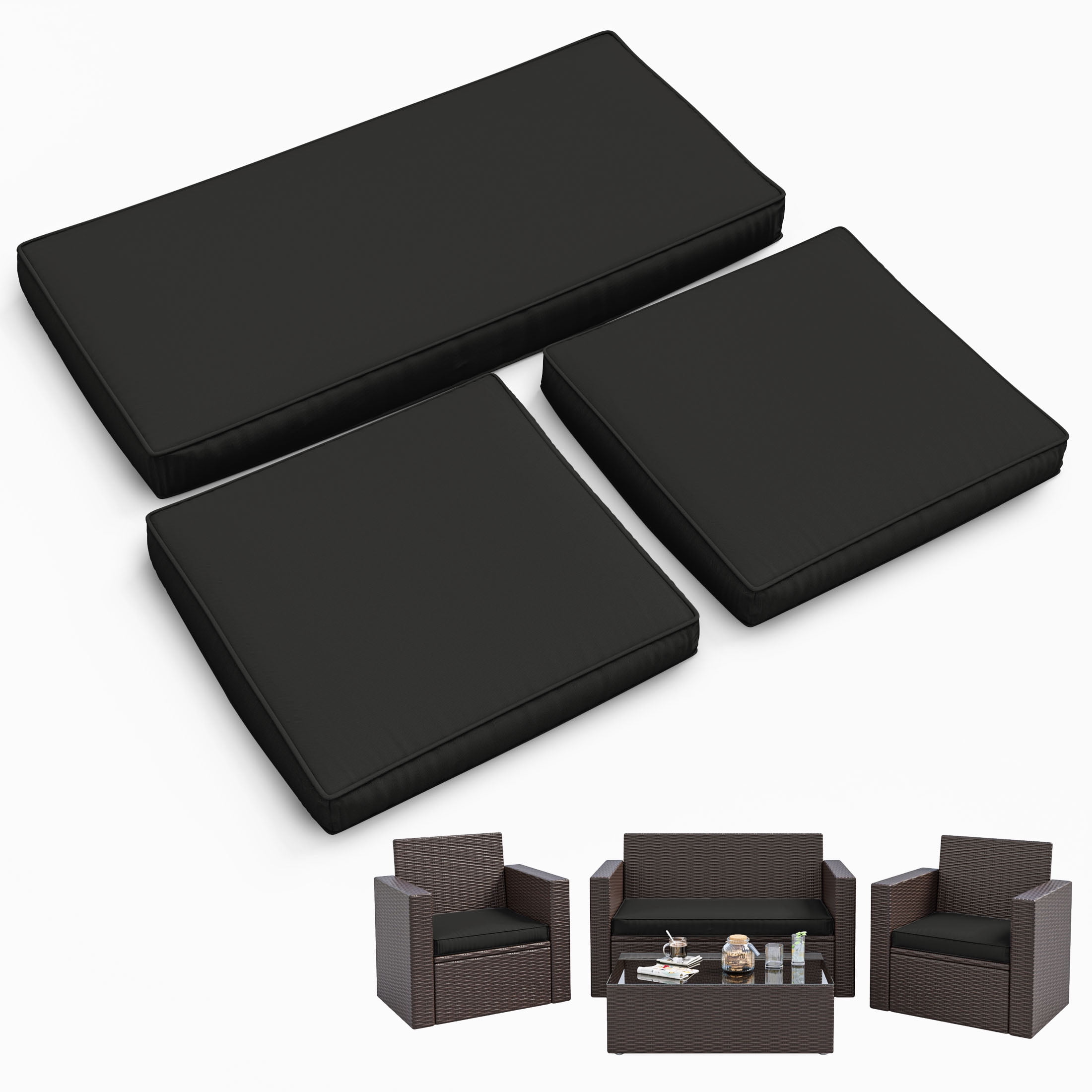 Snubbull 3 Pack Loveseat Cushion Set, 36" x 18" x 3" Waterproof Outdoor Chair Replacement Cushions for 4-Seater Wicker Rattan Patio Furniture, Black