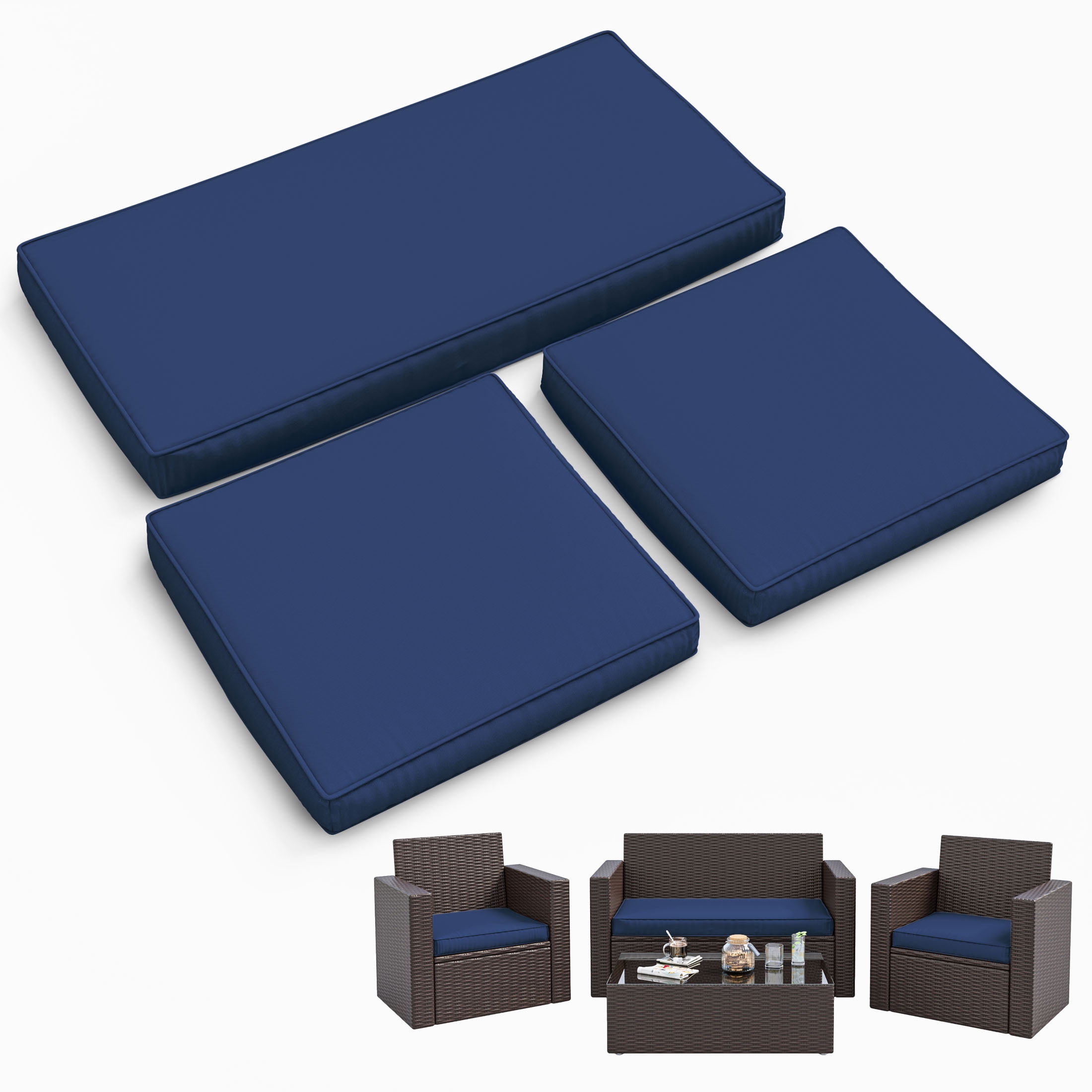 Snubbull 3 Pack Loveseat Cushion Set, 36" x 18" x 3" Waterproof Outdoor Chair Replacement Cushions for 4-Seater Wicker Rattan Patio Furniture, Blue