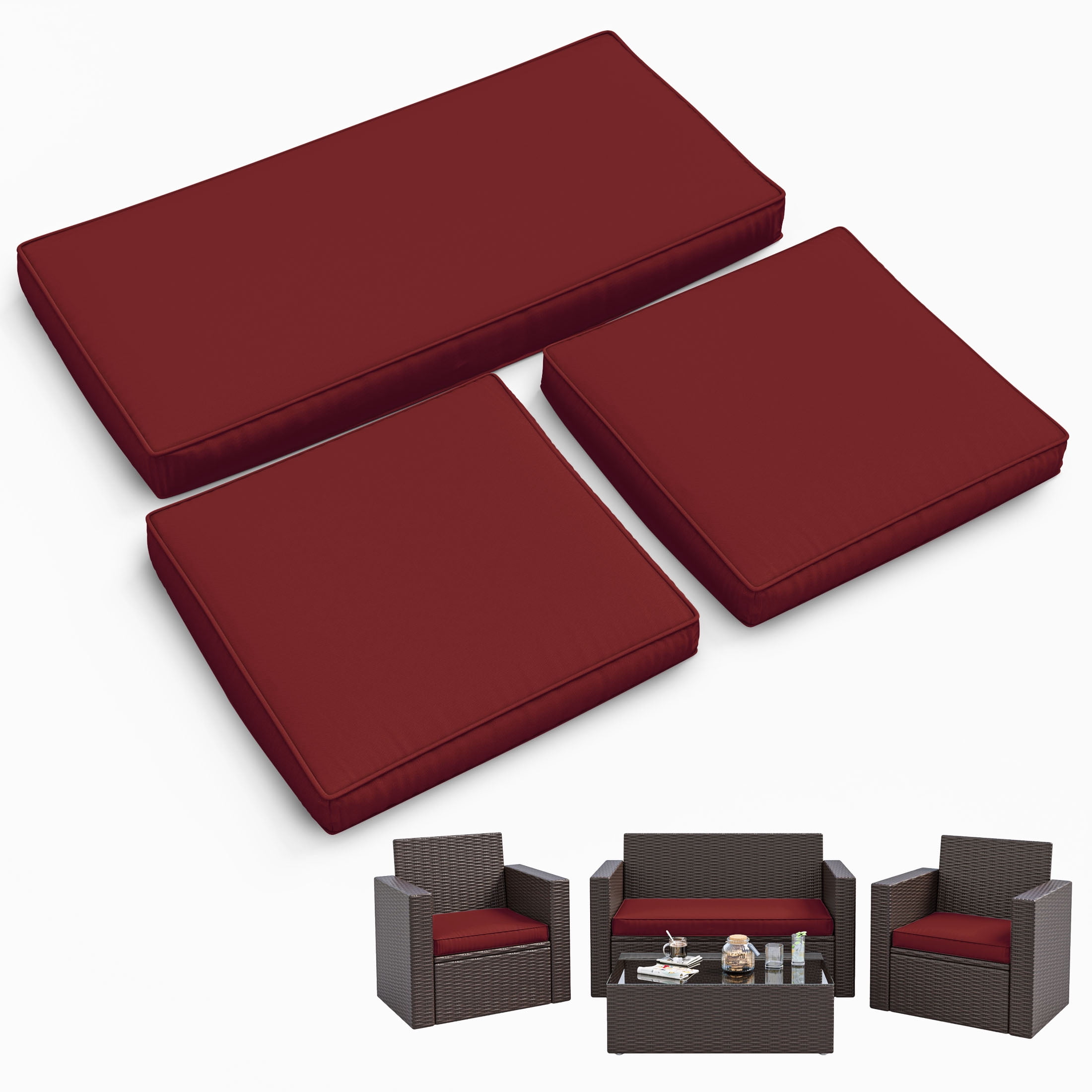 Snubbull 3 Pack Loveseat Cushion Set, 36" x 18" x 3" Waterproof Outdoor Chair Replacement Cushions for 4-Seater Wicker Rattan Patio Furniture, Burgundy