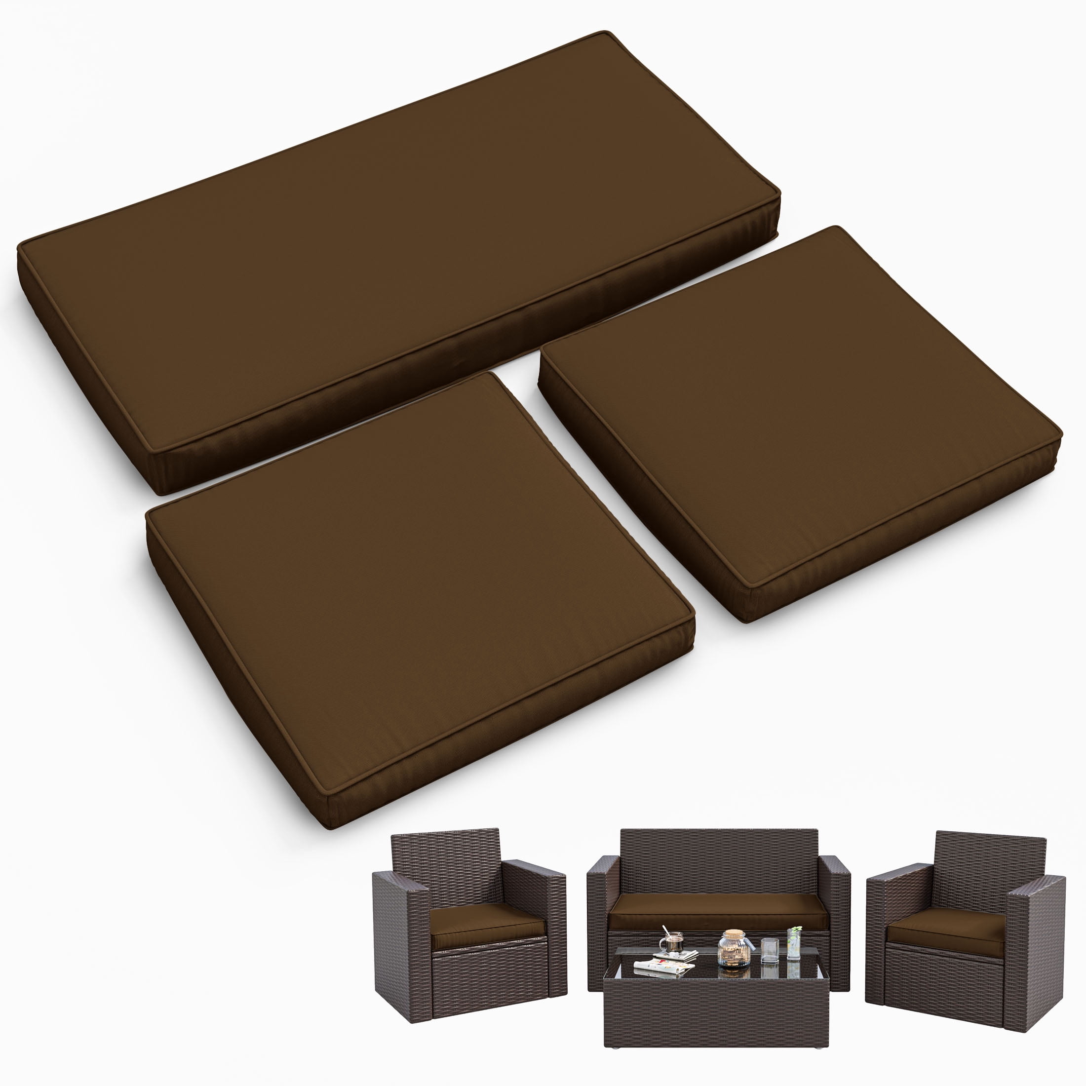 Snubbull 3 Pack Loveseat Cushion Set, 36" x 18" x 3" Waterproof Outdoor Chair Replacement Cushions for 4-Seater Wicker Rattan Patio Furniture, Chocolate
