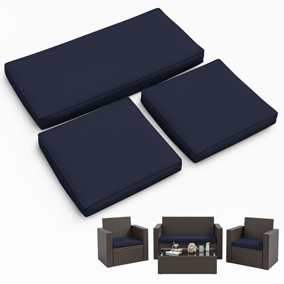 Snubbull Indoor Outdoor 3 Piece Foam Wicker Loveseat and Chair Seat Cushion Set, Navy