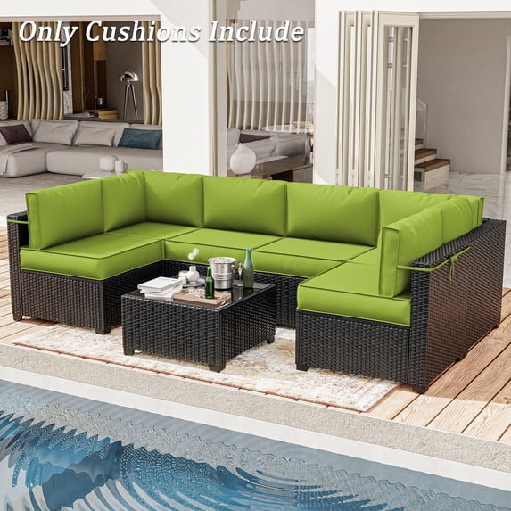 Snubbull Outdoor Replacement Cushions for Patio Furniture, 4" Foam High-Density, 14-Piece Water-Resistant Outdoor Cushion for 6-Seat Sectional Patio Conversation Sets, Liner&Cover, Grass Green