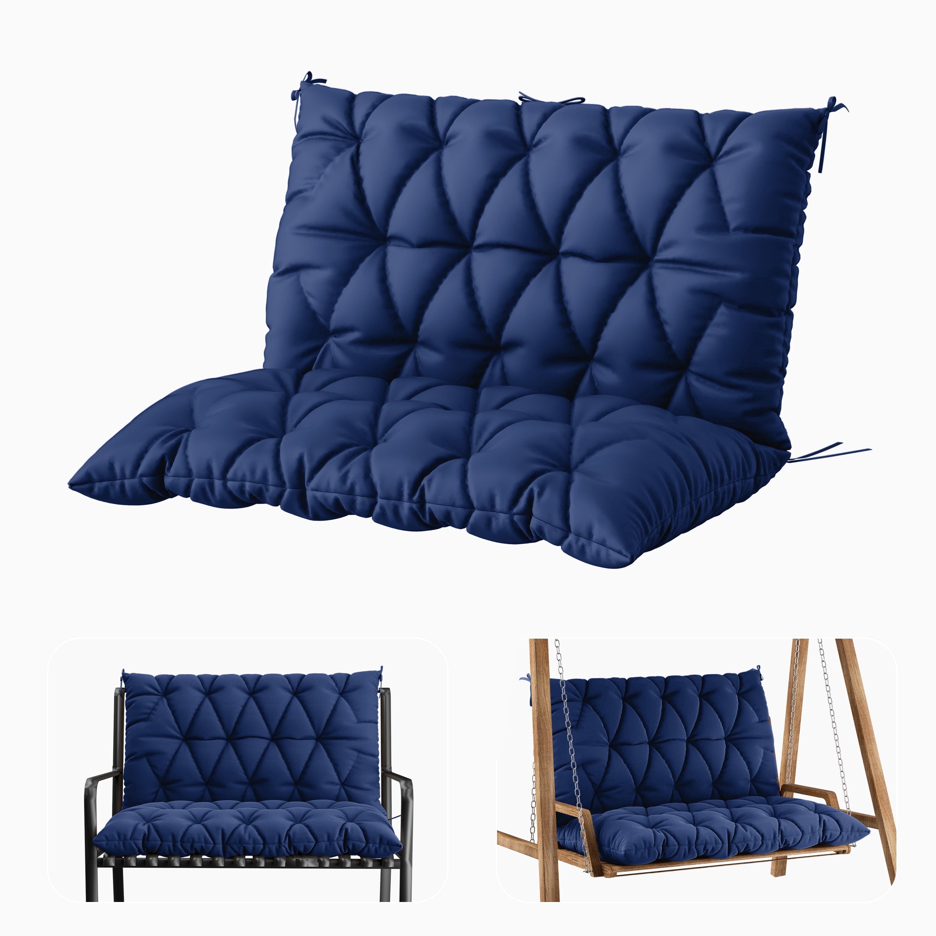 Snubbull Swing Replacement Cushion, Outside Bench Cushion with Backrest, 1-2 Seater Cushion with 6 Ties for Outdoor Furniture, 47 x 40 x 5 Inches Porch SwingCushion Garden Bench, Blue