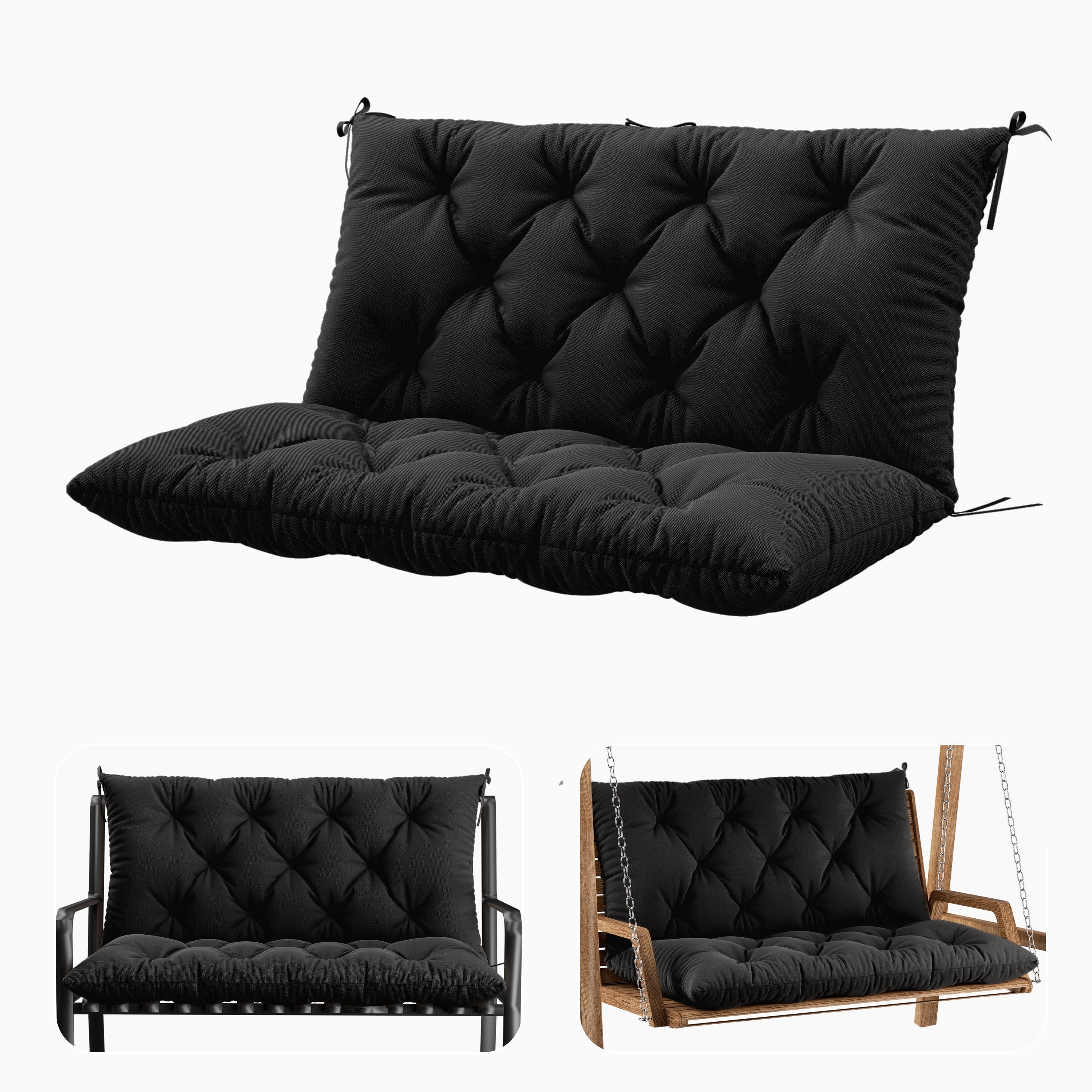 Snubbull Swing Replacement Cushion, Outside Bench Cushion with Backrest, 2 Seater Cushion with 6 Ties for Outdoor Furniture, 40 x 40 x 5 inches Porch SwingCushion Garden Bench, Black