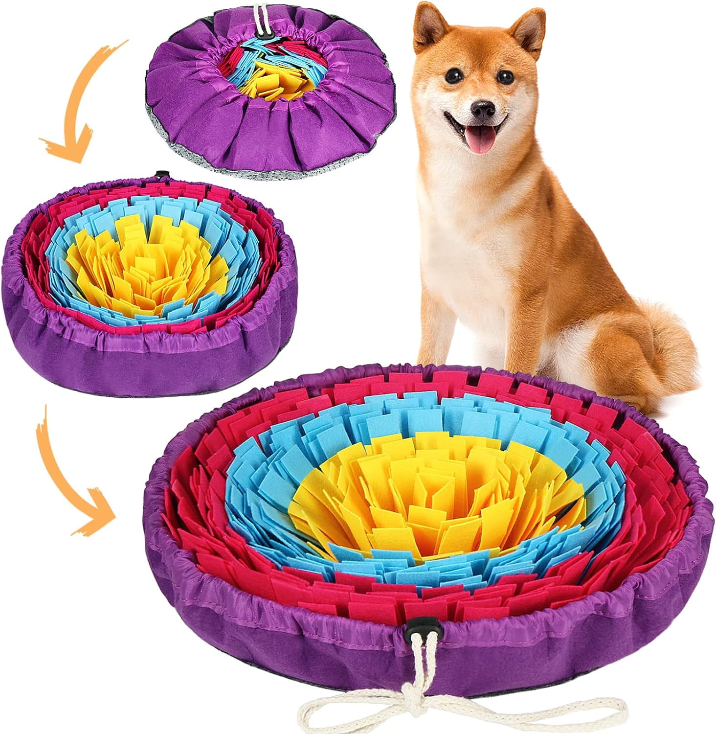 Snuffle Mat for Dogs, Adjustable Dog Puzzle Toys Sniff Mat for All Breeds Dogs, Interactive Enrichment Toys for Slow Eating and Mental Stimulation (Yellow Blue Purple)