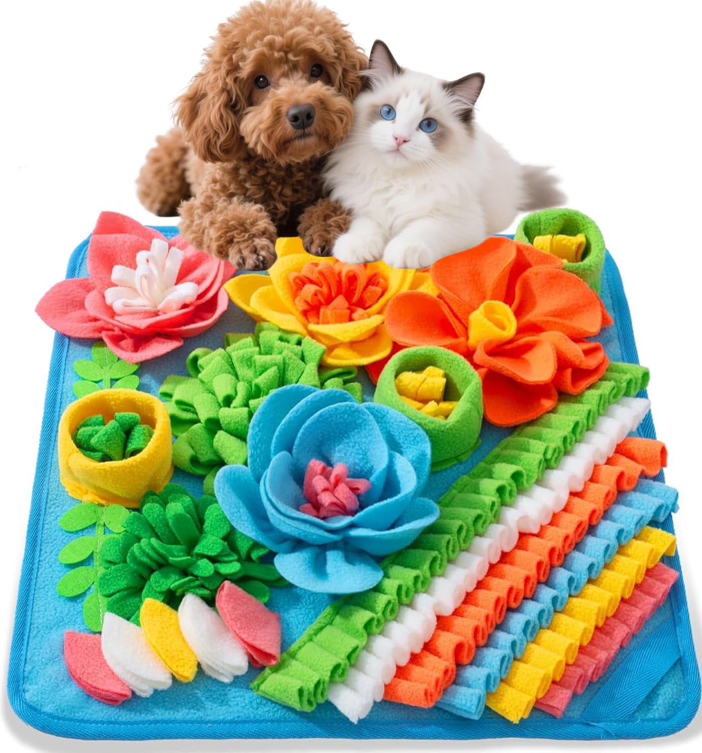 Snuffle Mat for Dogs, Cats, Rabbits, Slow Feeder Puzzle Mat, 15.4 x 15.4 Inch Pet Foraging Mat with -Slip Bottom, Anxiety Relief Toy for Small Medium Pets, Multicolor