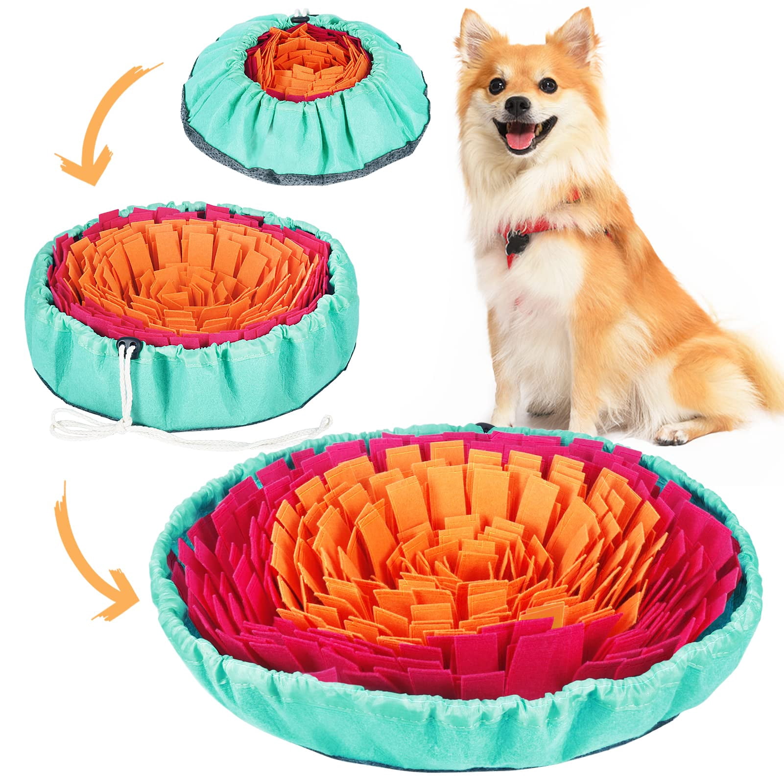 Snuffle mat for dogs, interactie dog puzzle toy for slow feeding and mental stimulation, foraging mat to reduce anxiety and boredom, durable felt fabric with adjustable non-slip base, multicolor