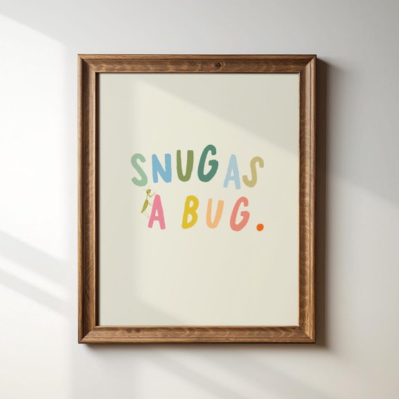 Snug As A Bug Trendy Wall Art Print, Colorful Script Saying, Bathroom And Playroom Decor