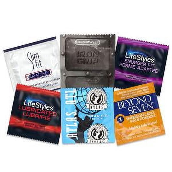 Snug Fit Condom Sampler + Brass Lunamax Pocket Case, Lifestyles Snugger Fit, Caution Wear Iron Grip, and Atlas True Fit Tighter Fit Latex Condoms-24 Count