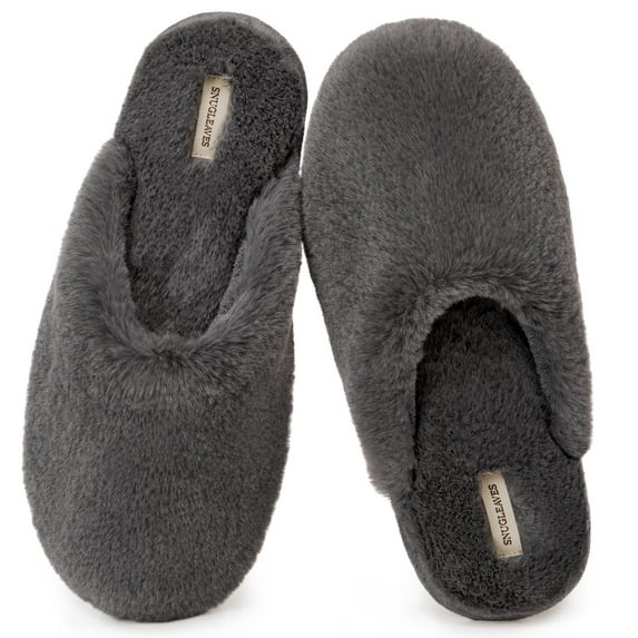 Snug Leaves Women's Fuzzy House Memory Foam Slippers Cute Furry Leopard Print Faux Fur Lined Closed Toe Indoor Slides Bedroom Slip On Shoes Dark Gray,5/6 US