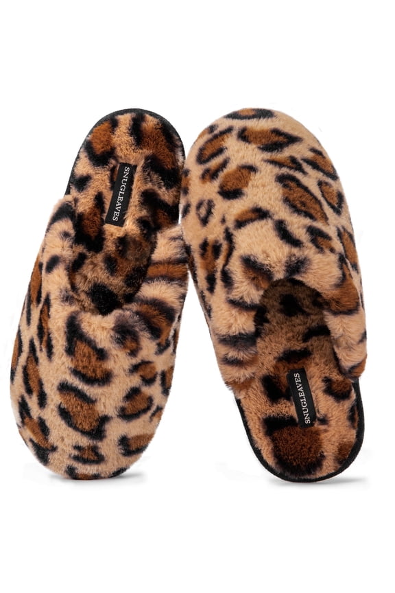 Women's Fuzzy House Memory Foam Slippers Cute Furry Leopard Print Faux Fur Lined Closed Toe Indoor Slides Bedroom Slip On Shoes