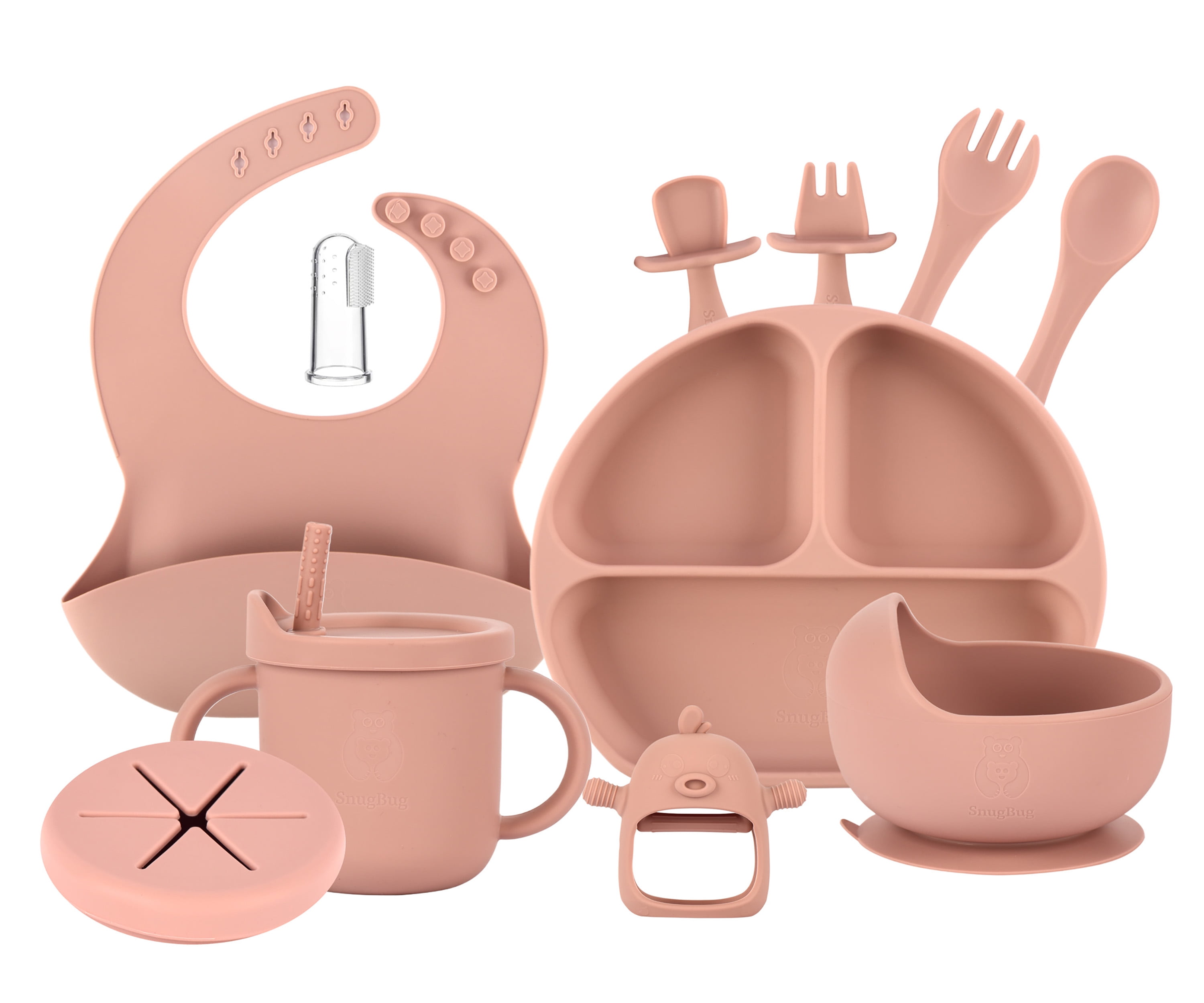 SnugBug 12-Piece Silicone Baby Bib Set with Sippy Cup, Plates, Bowl and Teething Toy